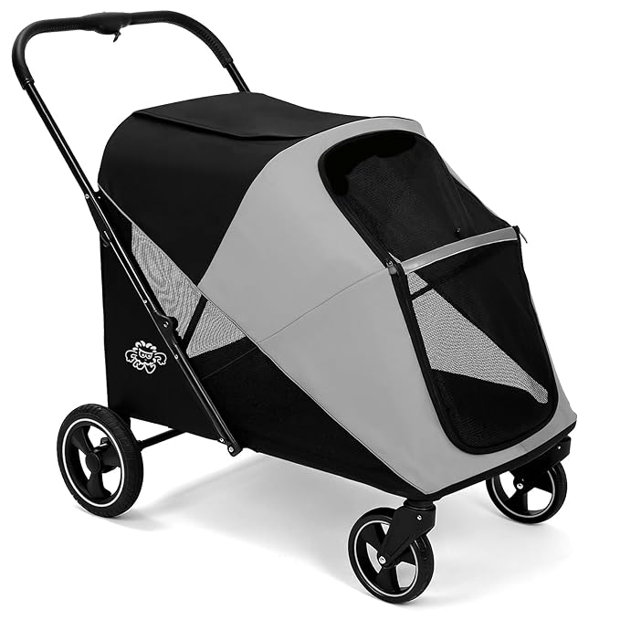 Dog Stroller for Large & Medium Dogs, 4 Wheels Pet Stroller for Large Dogs up to 120lbs, Extra Large Dog Stroller with Foldable Design, Sun Shades, Storage Pocket, Breathable Mesh