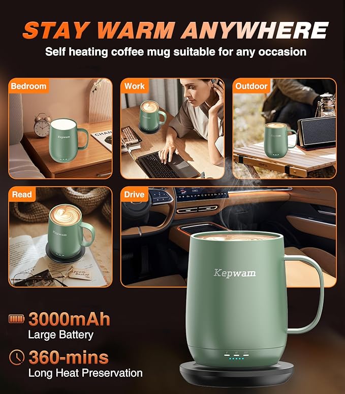 Kepwam Self Heating Coffee Mug T2, 16oz Smart Heated Coffee Mug, 150 Min