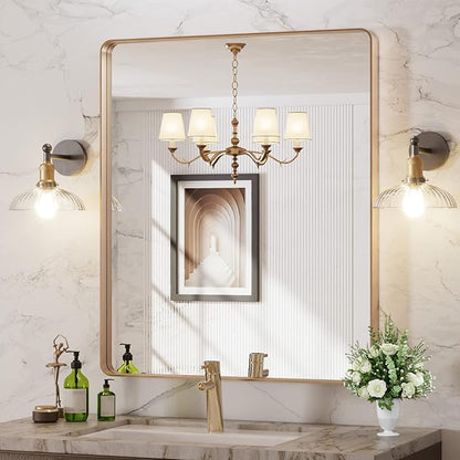 LOAAO 30”X36” Gold Bathroom Mirror, Rounded Rectangle Gold Frame Mirror
