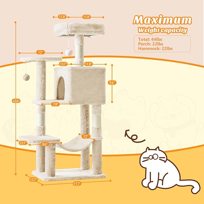Sweetcrispy 44 Inch Cat Tree Tower, Cat Climbing Tower with Natural Sisal Scratching Posts, Hammock, Pet Condo for Indoor Cats and Kittens Play, Beige