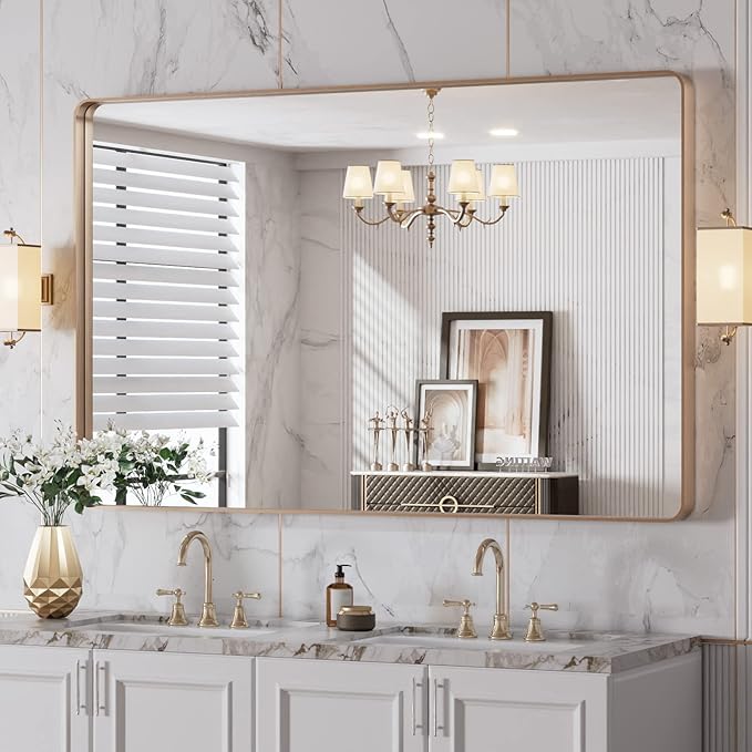 LOAAO 48”X30” Gold Bathroom Mirror, Rounded Rectangle Gold Frame Mirror