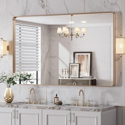 LOAAO 48”X30” Gold Bathroom Mirror, Rounded Rectangle Gold Frame Mirror