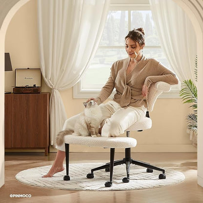 Ergonomic Cross Legged Office Chair Extra Wide for ADHD and Meditation, Kneeling Chair with 360° Swivel Wheels and Reversible Seating, Adjustable Height and Seat Deapth, Teddy Fabric, White