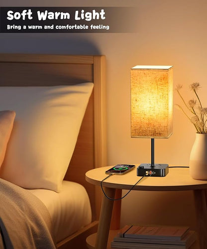 RGB Color Changing Lamp - Multi Color Desk Table Lamp with 2 AC Outlets, Stepless Dimming, Built-in USB-C + USB Charging Ports, Modern LED Bedside Lamp for Bedroom,Living Room, Dorm, or Home Office