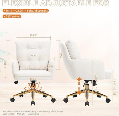 BALIAA Flannel Office Chair Vanity Chair Comfy Home Office Desk Chairs with Lumbar Support, Modern Plush Fabric Desk Gold Legs Swivel Task for Home Office Bedroom Study White Upgraded Version