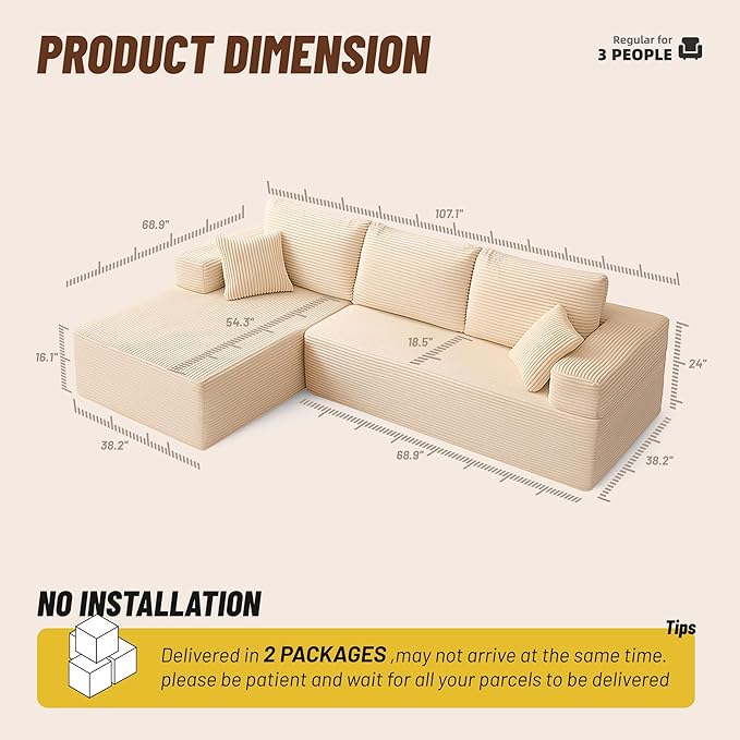107" Boneless Couch with Deep Seat, Modular Sectional Sofa, Cloud Sectional Couch for Living Room, No Assembly Required, Corduroy, L-Shape Left?White