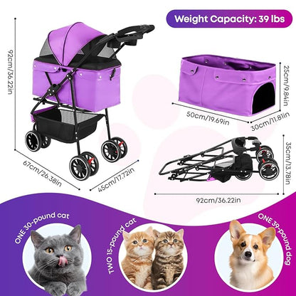 Pet Stroller,Dog Stroller for Small Medium Dogs Cats,3 Wheels,Purple | Foldable,with Breathable Mesh Canopy,Cup Holders,Easy Assembly