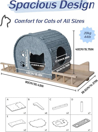 Wall Mounted Felt Cat Bed – Modern Cats Shelf with Wooden Base & 4 Holders, Space-Saving Cat Perch for Indoor Cats, Minimalist Wall Cat Furniture for Resting & Lounging,Gray