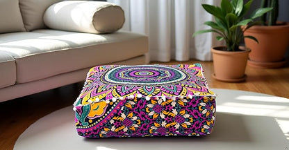 CRAFT KALA Large Hippie Mandala Meditation Floor Ottoman Pillow Cushion Pouf Cover Square Poufs Bohemian Circle Floor Cushion Case Outdoor Fireplace Yoga Living Room Decor Cover New Pink, 16" Square