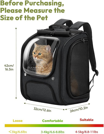 Pecute Cat Backpack Carrier,Large Space Cat Bubble Backpack,Ergonomic,Black | Sunshade Curtain,Transparent Window,Safety Rope,Sturdy,Large Mesh on Both Sides for Breathability,Suitable for Outdoor,Vet
