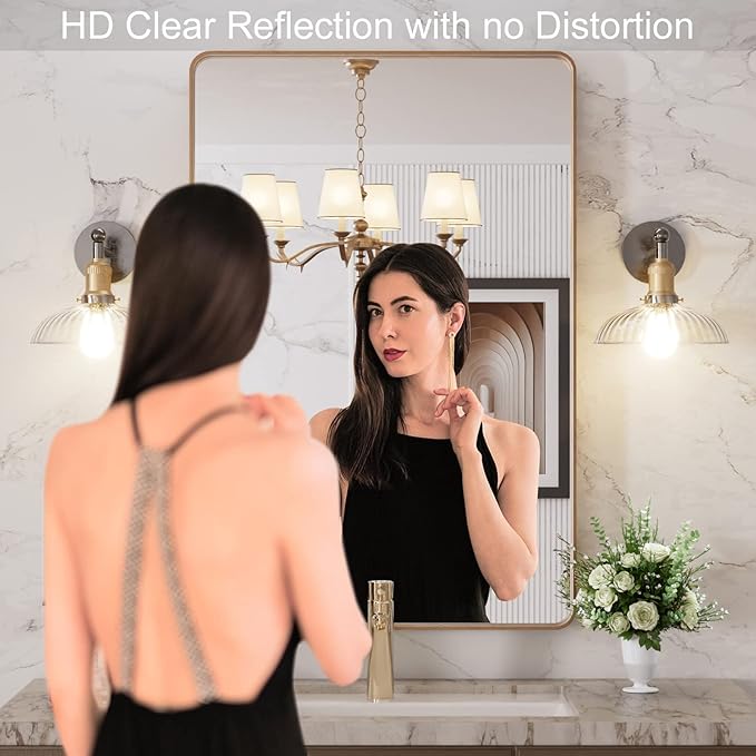 LOAAO 24”X36” Gold Bathroom Mirror, Rounded Rectangle Gold Frame Mirror
