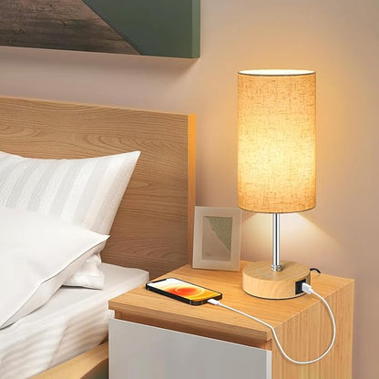 Unicozin Small Table Lamp, 3CCT & 7 RGB Color Changing, Dimmable Nightstand Lamp with Wood Grain Base, Touch Bedsides Lamp for Bedroom, Office, Kids Room, Nursery, Party, Beige Shade