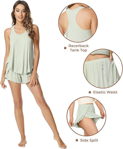 NACHILA Pajamas for Women-Viscose from Bamboo, Ribbed Racerback Tank Top Sexy Split Shorts Pajama Sets Cooling Sleep Cami Pjs