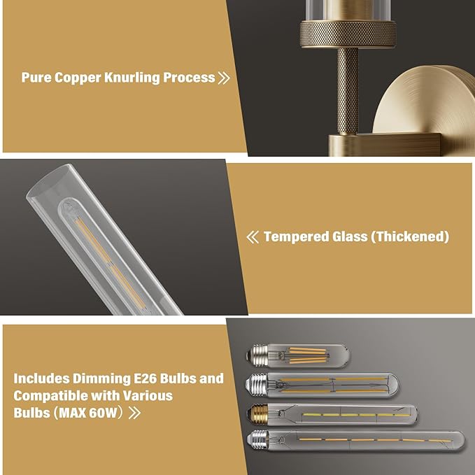 Gold sconces Wall Lighting, 19" Knurling Bathroom Vanity Light Fixtures, Brass Wall Lamp Modern Wall Lights for Mirror Living Room Hallway Staircase