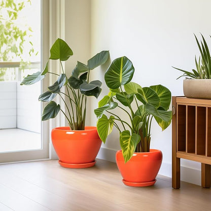 Ceramic Planter - 10 Inch 8 Inch 6 Inch Plant Pot with Drainage Holes and Saucers, Round Planters for Indoor Outdoor, Modern Flower Pots, House Garden Room Decor, Gardening Gifts, Orange