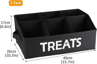 2-Pack Dog Storage Organizer, Collapsible Cat Treats Container with Dividers, Dog Treats Station - Black