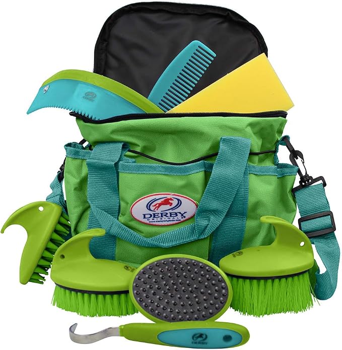 Derby Originals 91-7035TQ Premium Comfort 9 Item Horse Grooming Kit (Turquoise/Lime Green)