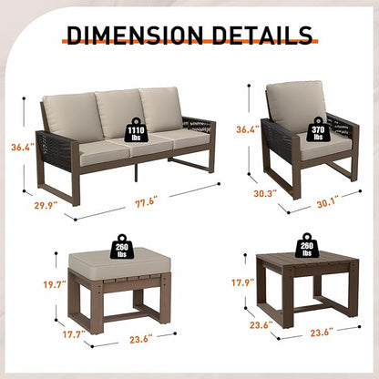 INTER HUT Rustic Hideaway Natural Cedar Wood Outdoor Furniture Set, Wicker Patio Conversation Set for Porch Garden Backyard, Couch, 2 Patio Chairs, Side Table and 2 Ottomans, 6 Piece, Brownish/Beige