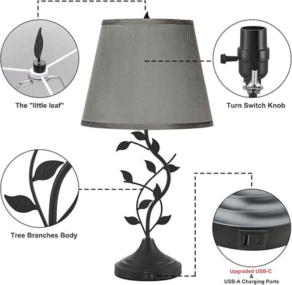 Kakanuo Table Bedside Lamp with USB C Charging Port, Grey Traditional Nightstand Lamp for Living Room, Desk Lamp Large Retro Table Lamp for Bedroom