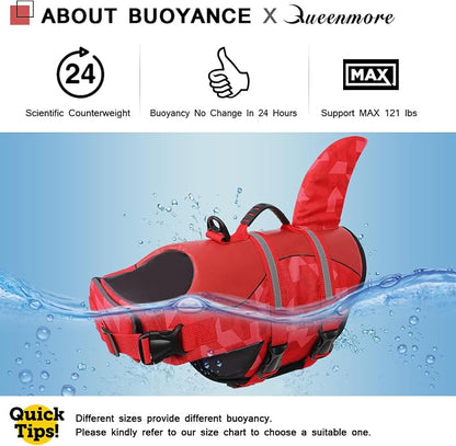 Shark Dog Life Jacket, LifeVests for Boating, High Buoyant Dog Life Vest for Swimming, Adjustable Easy On Pet Jackets for Small, Medium, Large Dogs (Red Triangle,M)