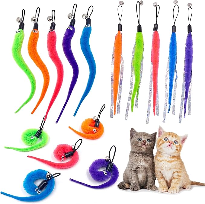 Cat Toy Worm Refills, 15 Pieces Interactive Cat Wand Attachments Worms Toy for Indoor Cats