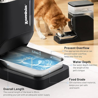 ZOMISIA Automatic Dog Water Dispenser 6L with Stainless Steel Bowl, Automatic Water Bowl Dispenser for Cats, 1.6 Gallon Pet Waterer 100% BPA Free, Black