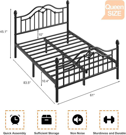 Queen Size Bed Frame, Metal Platform Bed with Victorian Headboard and Footboard, Strong Metal Slats Support, Mattress Foundation No Box Spring Needed, Easy Assembly, Noise Free, Black
