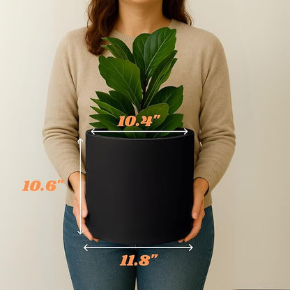 Fox & Fern Large Indoor Planter, Modern Large Plant Pot for Indoor or Outdoor, UV and Frost Resistant - 12 Inch, Matte Black Flower Pot with Drainage Plug, Lightweight