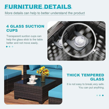 Ophelian 7 Pieces Patio Furniture Set, Outdoor Conversation Rattan Sofa，with Waterproof Cushion and Tempered Glass for Garden and Backyard, (Brown/Peacock Blue)