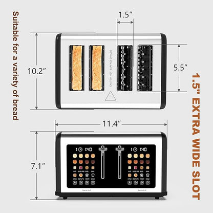 4 Slice Toaster Touch Screen, Stainless Steel Toasters Digital Timer, Dual