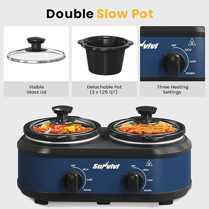 Sunvivi Double Slow Cooker, 2 Removable Pots Small Mini Crock Buffet Server and