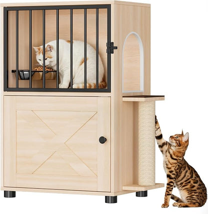 Dog Proof Cat Feeding Station, Dog Proof Cat Feeder, Cat Food Table,Nature | Cat Feeding Station with Scratching Post, Elevated Cat Food Bowls with Stand, Pet Food Storage Cabinet, Cat House Furniture