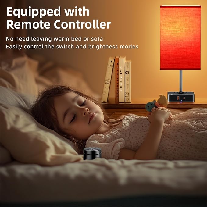 Bedroom Table Lamp with Remote Operation Control,Dimmable Bedside Table Desk Light with USB C+A Charging Ports 2 AC Outlets,Nightstand Lamp White Shade Lamp for Living Room,Dorm,Home Office,Decor