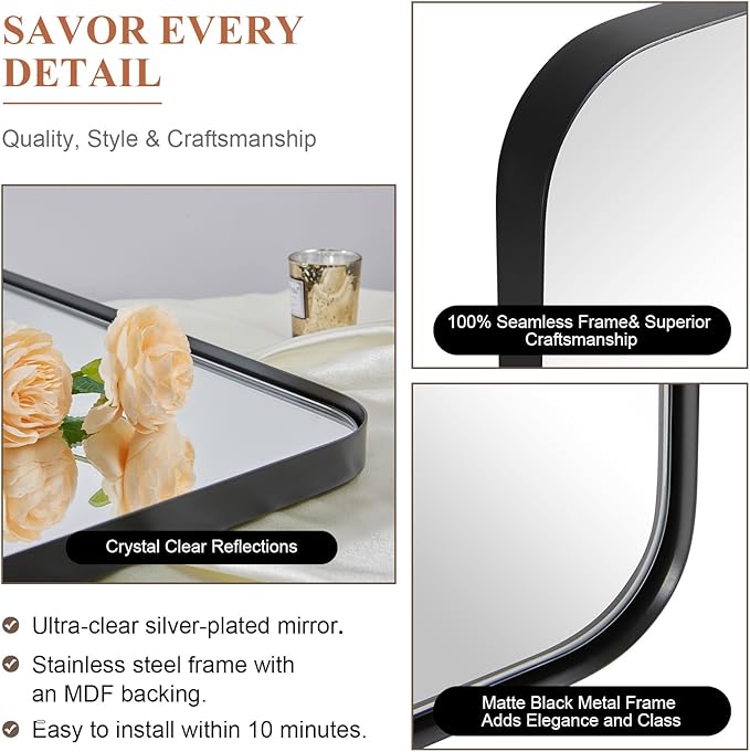 ANDY STAR 36”x48” Black Bathroom Mirror, Wall Mirror