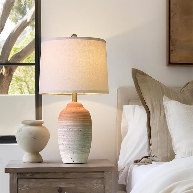 24.5" Vintage Ceramic Table Lamp - Single Farmhouse Rustic Bedside Lamp with Natural Textured Finish, Nightstand Lamps for Living Room, Bedroom, End Table, Office White and Brown