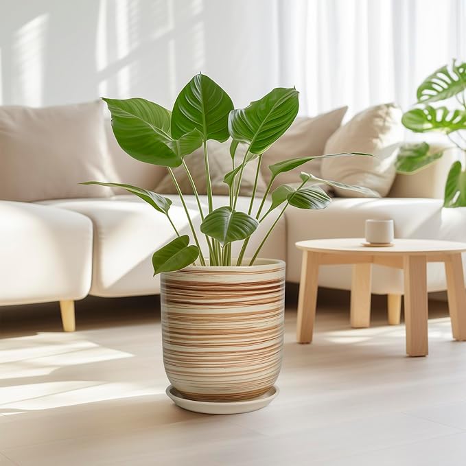 Ceramic Planter 10 Inch - Ceramic Pots for Indoor Plants Outdoor Large Plant Pot with Drainage Hole and Saucer Cylinder Flower Pot Yellow