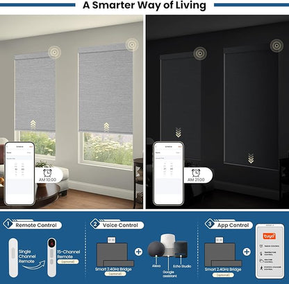 No Drill Motorized Blinds with Remote, Cordless Smart Electric Roller Shades