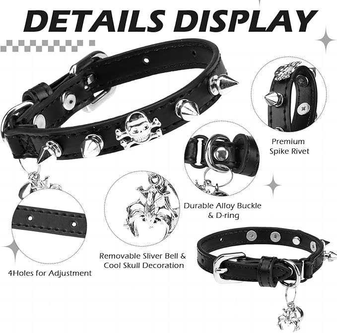 EXPAWLORER Leather Cat Collar for Girl Boy- Adjustable Pet Collar with Safety Elastic Belt,Personalized Punk Accessories Buckle Collars with Bell & Durable D-Ring,Rivet(Black)