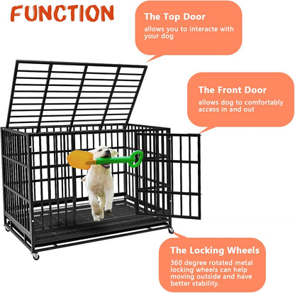 LEMBERI 48/38 inch Heavy Duty Indestructible Dog Crate, Escape Proof Dog Cage Kennel with Lockable Wheels,High Anxiety Double Door Dog Crate,Extra Large Crate Indoor for Large Dog with Removable Tray