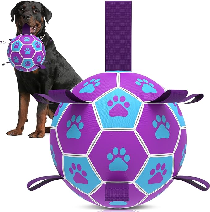 QDAN Dog Toys Soccer Ball - Durable Dog Balls with Strap for Medium Small Dogs, Puppy Birthday Gifts, Dog Tug Toy for Tug of War (8 Inch)