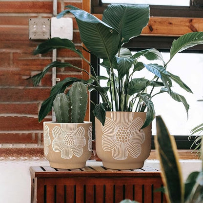 YBX 8 Inch + 6 Inch White Flower Pattern Plant Pots, Sand Glazed Ceramic Planter with Drainage Hole, Flower Pots for Indoor Plants, Tan & White