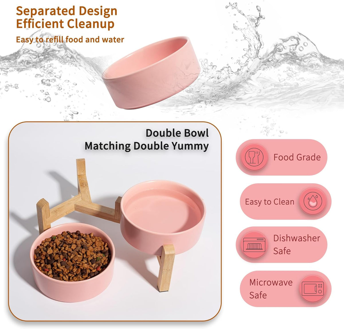 Elevated Ceramic Dog Bowl Set - Raised Feeding Bowls with Non-Slip Bamboo Stand - Small Pet Dishes for Food and Water - Ideal for Cats and Puppies - 16.23 OZ - 2 Cups - 480 ML