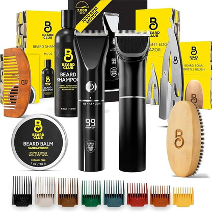 Beard Club Mens Grooming Kit & Beard Trimmer for Men - Professional Cordless Electric Hair & Moustache Trimmer, Straight Razor, Shampoo, Balm, Brush & Comb - Grooming Kit Gift Set