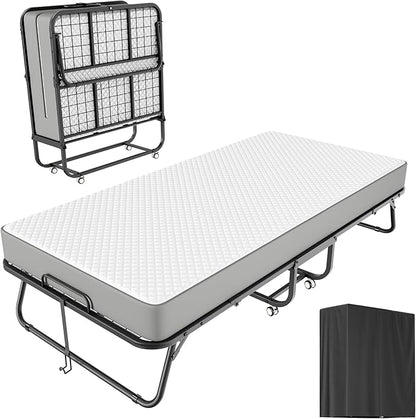 Greenvelly Folding Bed with 5 Inch Mattress, 75” x 31” Portable Rollaway Bed with Memory Mattress, Foldable Bed with Metal Frame for Adults,Guest,Space-Saving