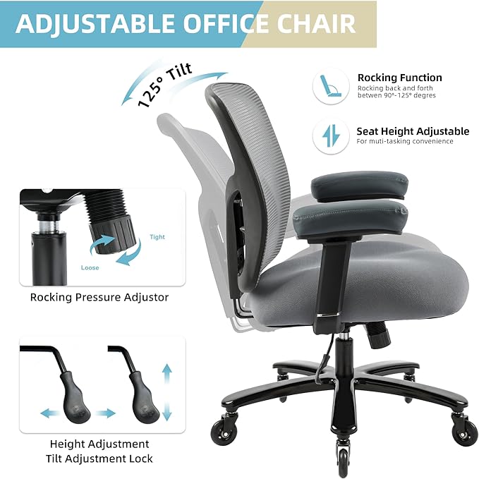 Big and Tall Office Chair 500lbs - Ergonomic Mesh Desk Chair, Heavy Duty Computer Chair-Wide Thick Seat Cushion, Adjustable Lumbar Support, Metal Base, Rubber Wheels, 4D Armrests, Grey