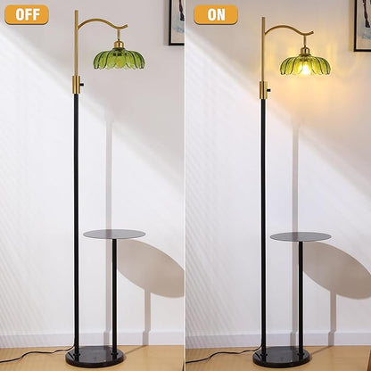 Vintage Dimmable Arc Floor Lamp with Side Table and Marble Base, Farmhouse Standing lamp with Green Glass Lampshades for Living Room Bedroom
