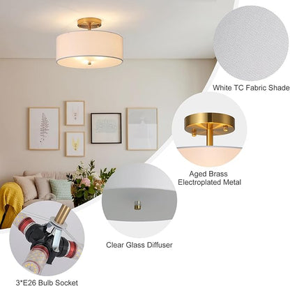 12.6" Semi Flush Mount Ceiling Light Fixture, 3 Light Gold Drum Light Fixtures with White Fabric Shade, Modern Close to Ceiling Lighting for Living Room, Bedroom, Hallway, Entry, Foyer