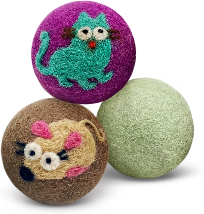 Hustle & Blush Wool Felt Balls - 3 Pack Love Ewe Pet Supplies – 2in Colorful & Durable Cat Toys Handmade from New Zealand, Ideal for Indoor Play and Mental Stimulation – Cat & Mouse Design