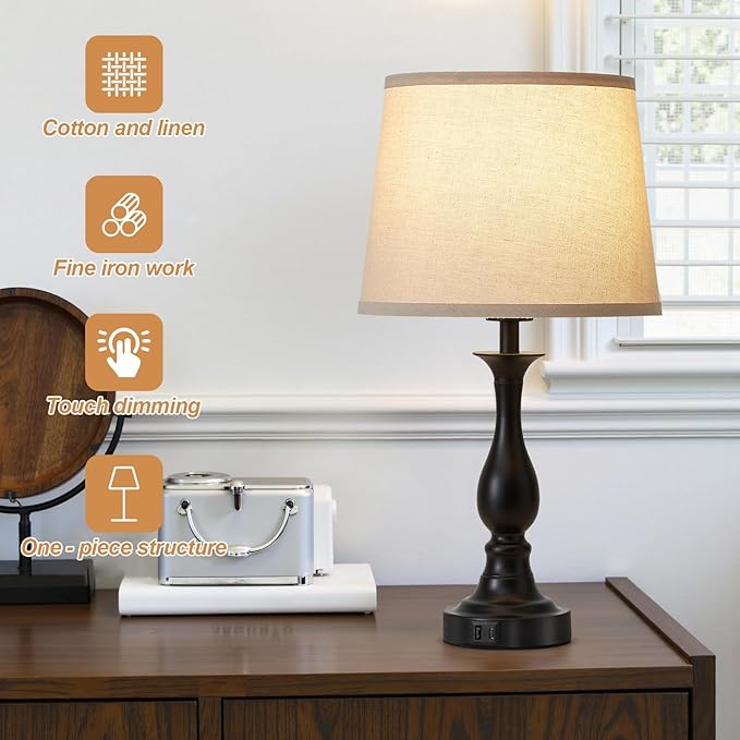 Bedside Table Lamp Touch Control Bedroom Lamps with USB A and C Charging Port 3 Way Dimmable Touch Lamps for Nightstand Living Room Bedroom Dorm Home Office Reading, Set of 2