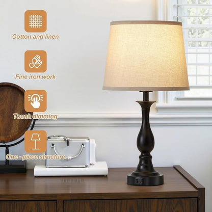 Bedside Table Lamp Touch Control Bedroom Lamps with USB A and C Charging Port 3 Way Dimmable Touch Lamps for Nightstand Living Room Bedroom Dorm Home Office Reading, Set of 2
